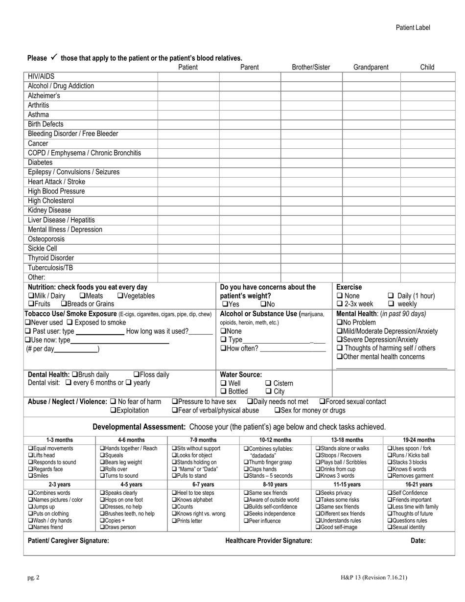 Form HP13 Pediatric Initial History and Physical - Kentucky, Page 2