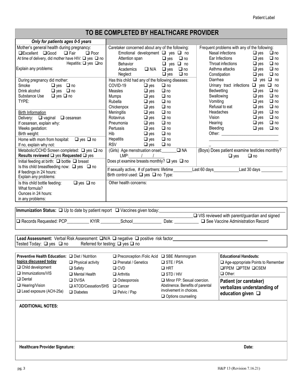 Form HP13 Pediatric Initial History and Physical - Kentucky, Page 3
