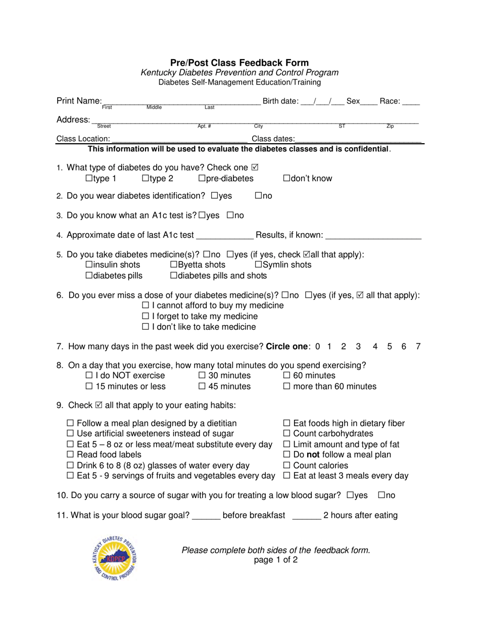 Form DSMT-1 Pre / Post Class Feedback Form - Kentucky, Page 1