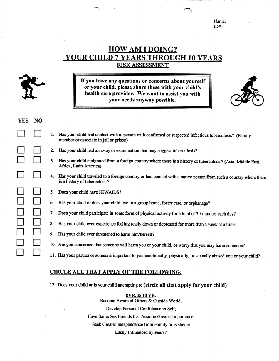Form ACH-92 Health Risk Assessment - Child 7 Thru 10 Years - Kentucky, Page 1