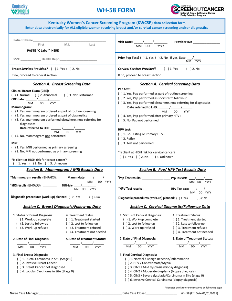 Form WH-58 Kentucky Womens Cancer Screening Program (Kwcsp) Data Collection Form - Kentucky, Page 1