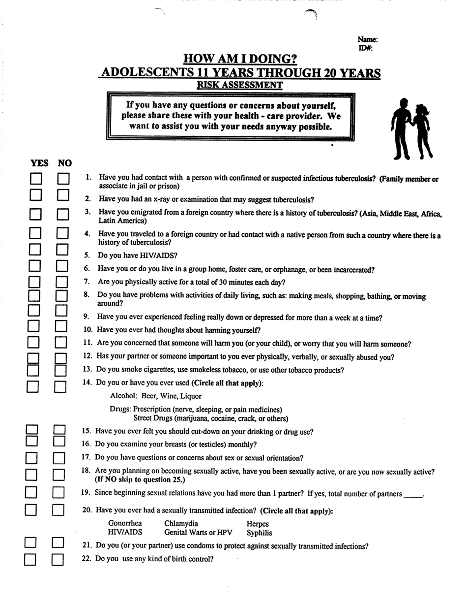 Form ACH-93 Health Risk Assessment - Adolescents 11 Through 20 Years - Kentucky, Page 1