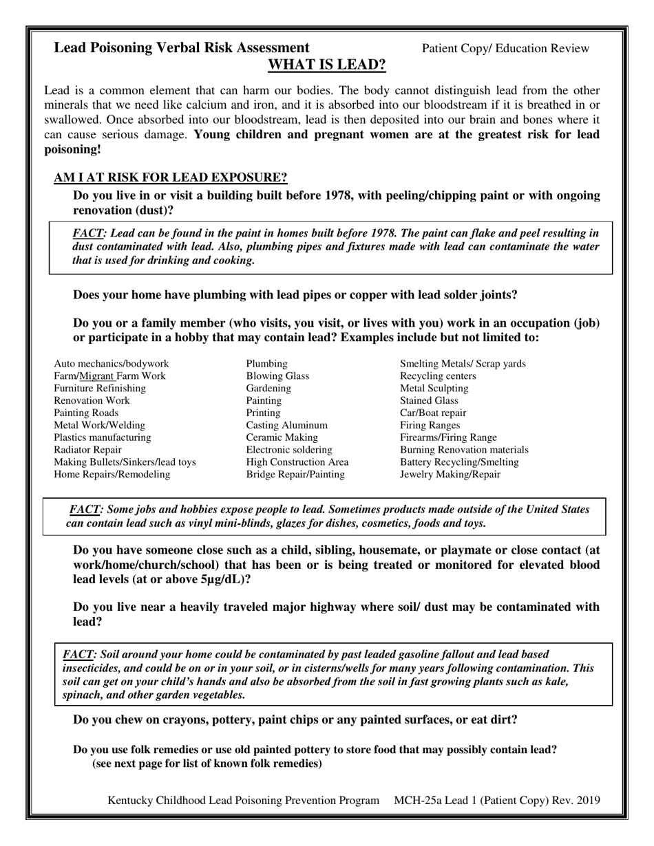 Form MCH-25A Verbal Lead Risk Assessment - Kentucky, Page 1