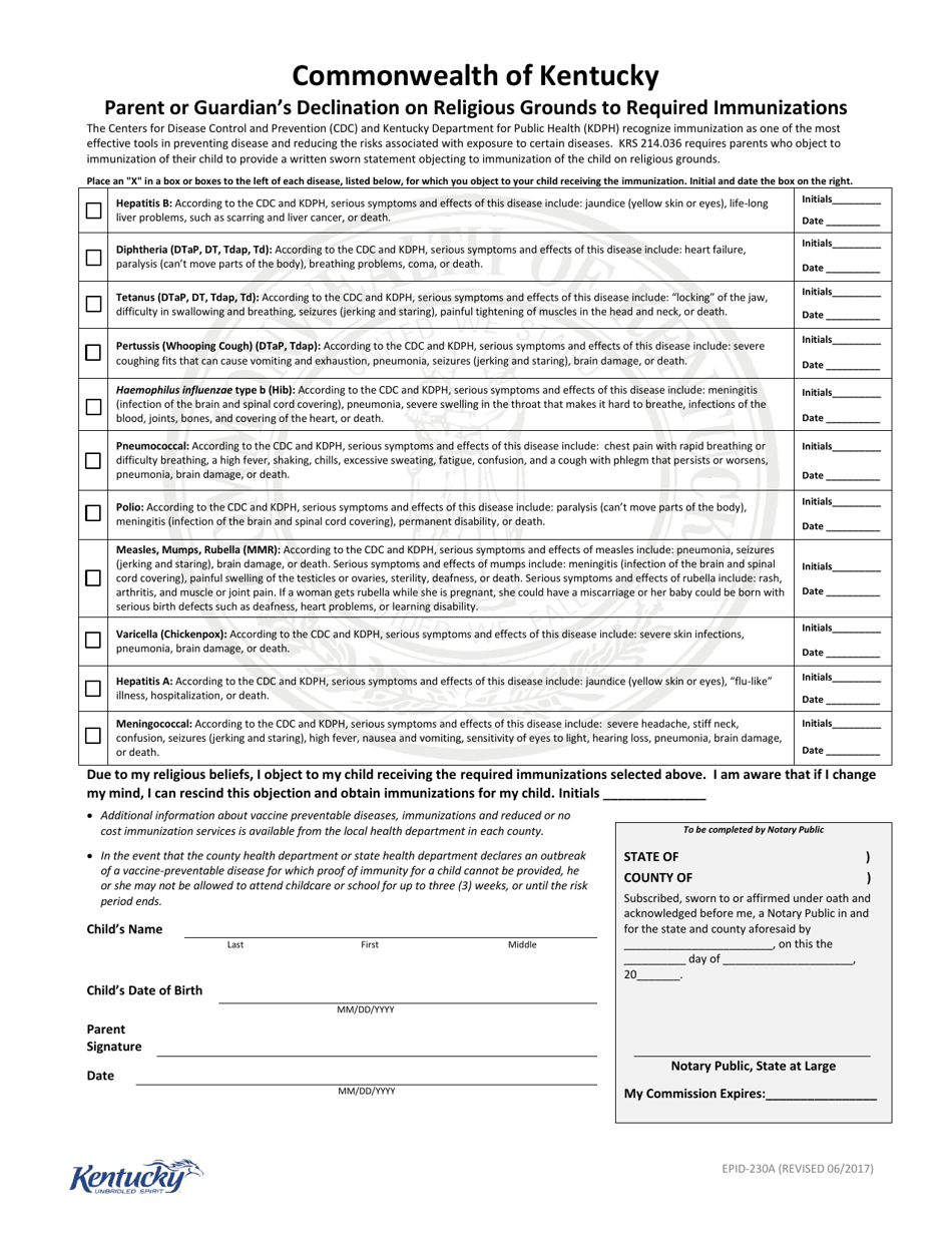 Form EPID-230A Parent or Guardians Declination on Religious Grounds to Required Immunizations - Kentucky, Page 1