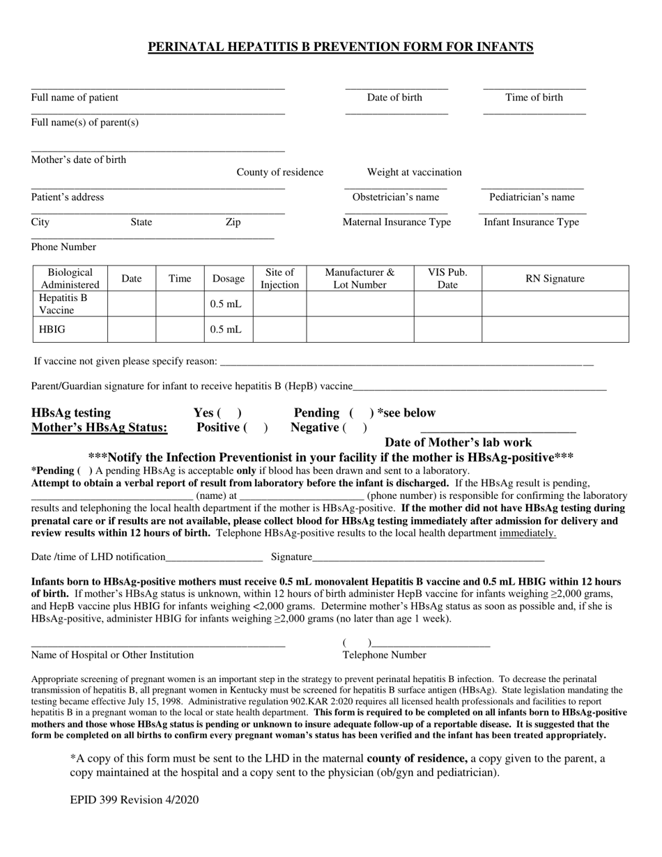Form EPID399 Perinatal Hepatitis B Prevention Form for Infants - Kentucky, Page 1