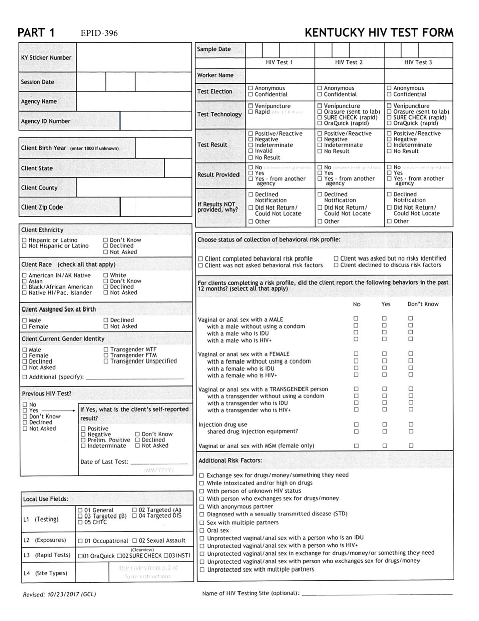 Form EPID-396 HIV Test Form - Kentucky, Page 1
