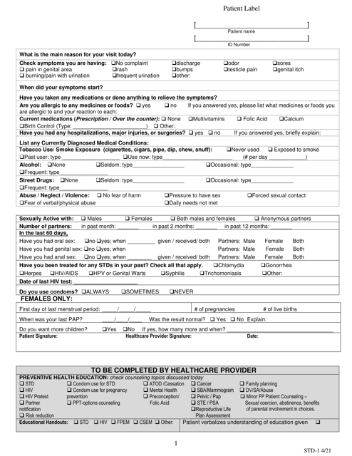 Form STD-1 Sexual History and Physical Exam Form - Kentucky