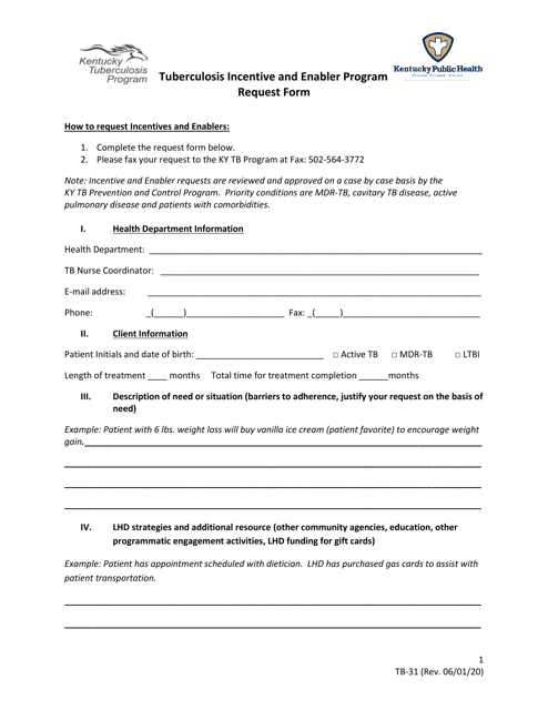 Form TB-31 Request Form - Tuberculosis Incentive and Enabler Program - Kentucky