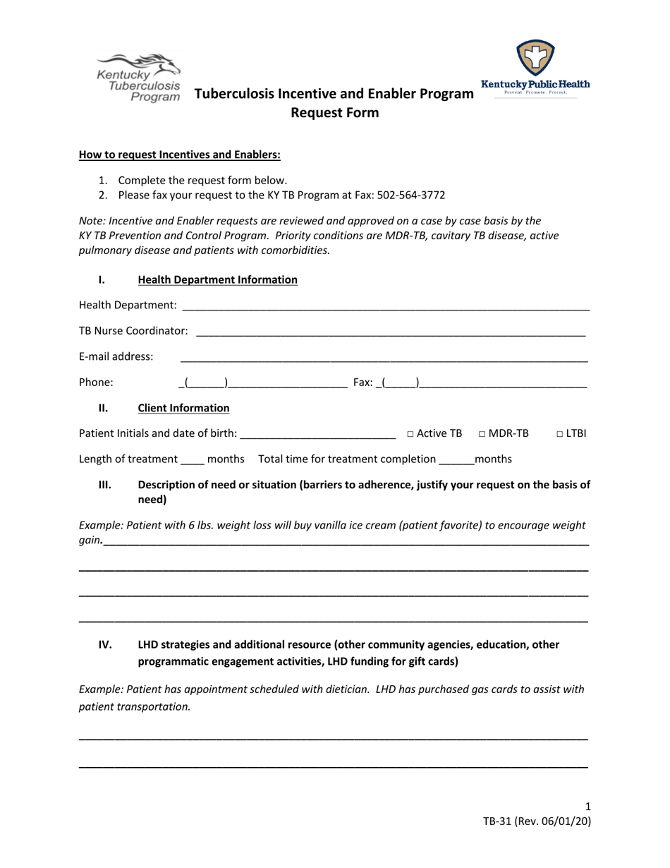 Form TB-31 Request Form - Tuberculosis Incentive and Enabler Program - Kentucky, Page 1
