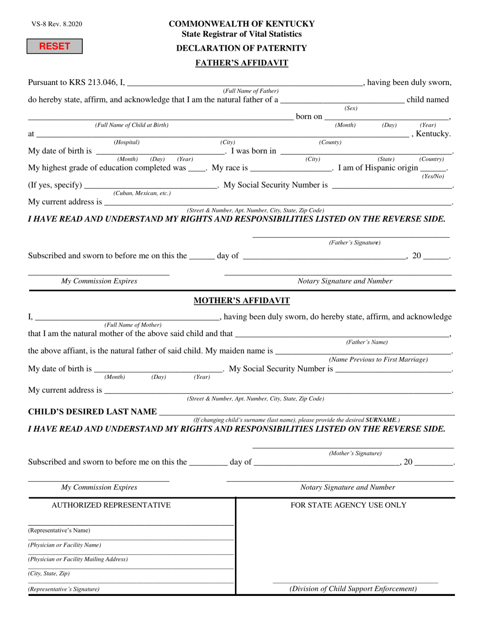 Form Vs 8 Fill Out Sign Online And Download Fillable Pdf Kentucky Englishspanish 9632