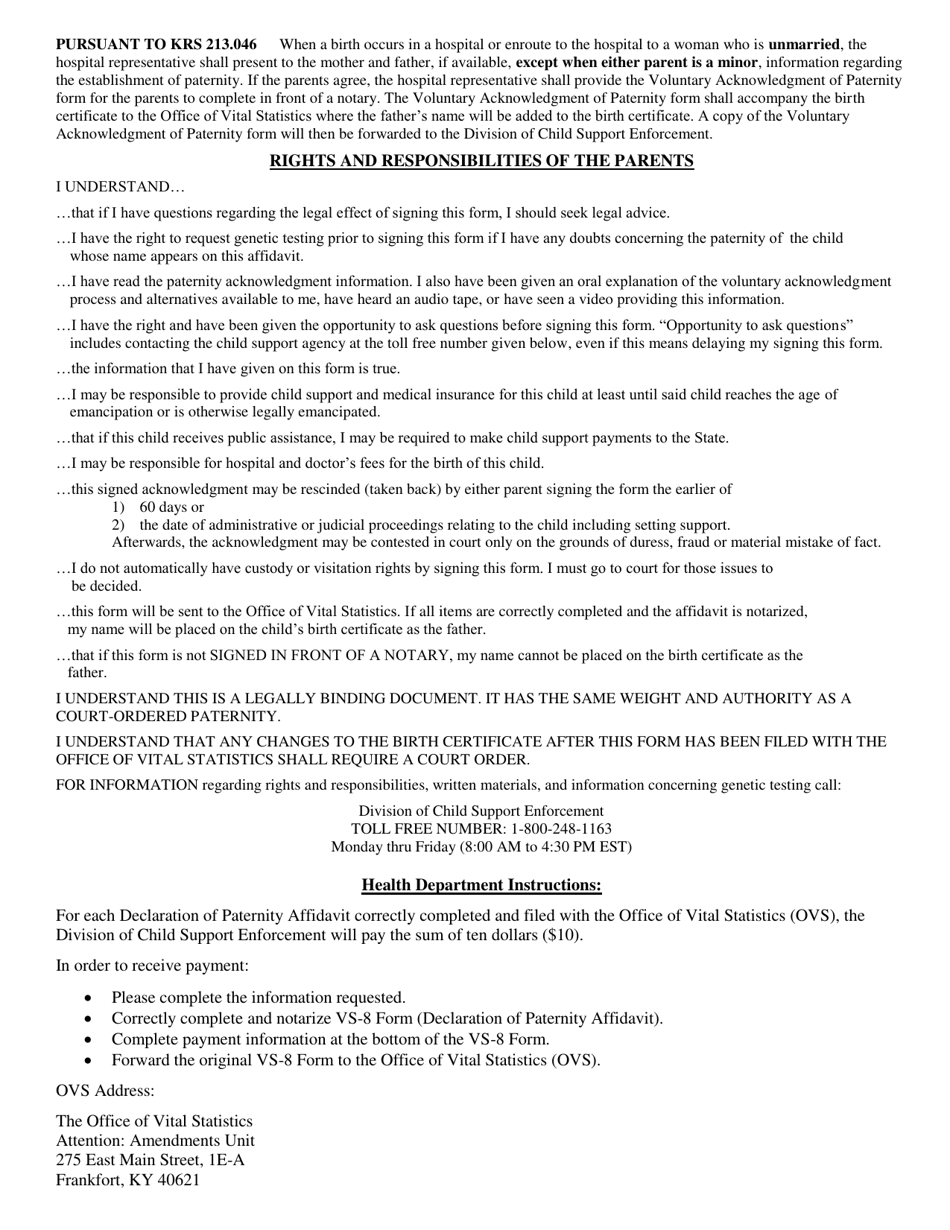 Form VS-8 Declaration of Paternity - Fathers Affidavit - Kentucky (English / Spanish), Page 4