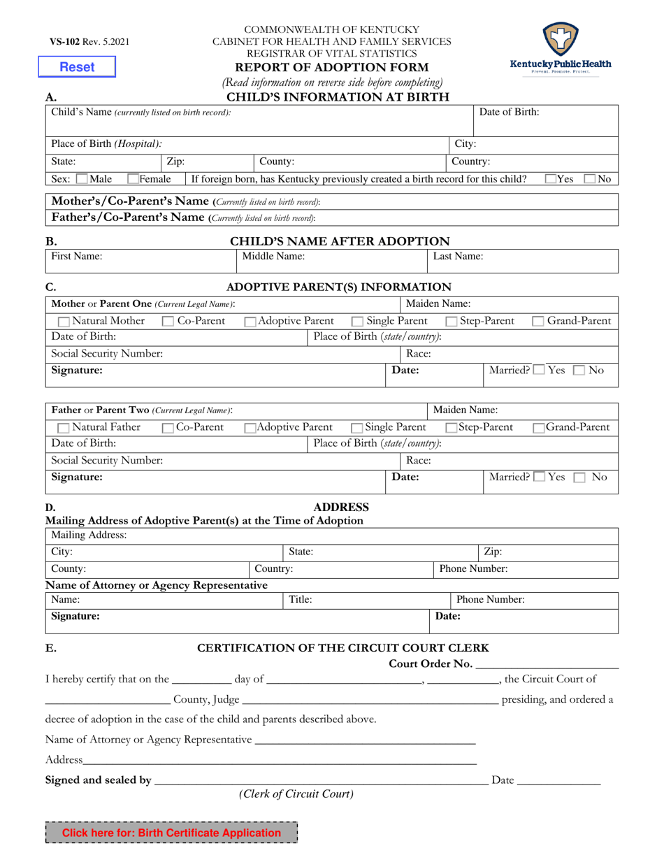 Form VS-102 Report of Adoption Form - Kentucky, Page 1