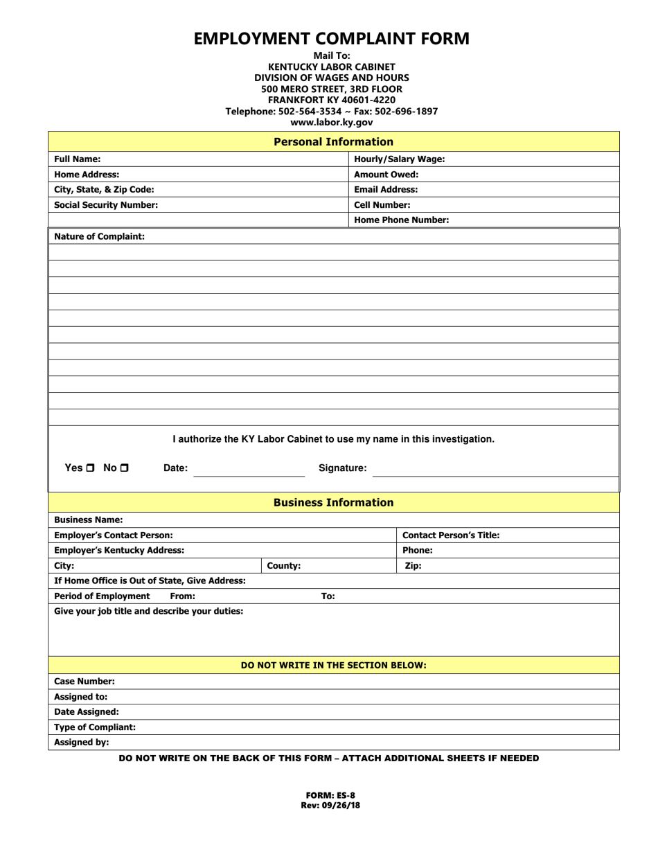 Form ES-8 - Fill Out, Sign Online and Download Printable PDF, Kentucky ...