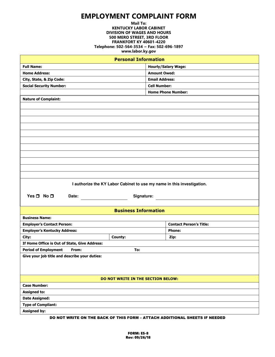 Form ES-8 Employment Complaint Form - Kentucky, Page 1