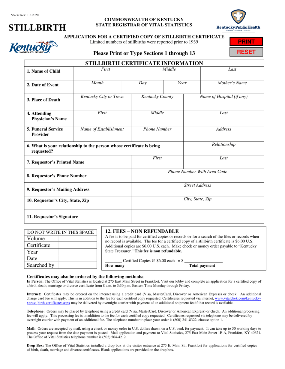Form VS-32 Application for a Certified Copy of Stillbirth Certificate - Kentucky, Page 1