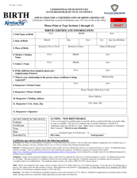 Form VS-37 &quot;Application for a Certified Copy of Birth Certificate&quot; - Kentucky