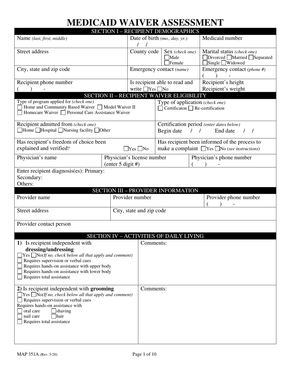 Form MAP351A Medicaid Waiver Assessment - Kentucky, Page 1