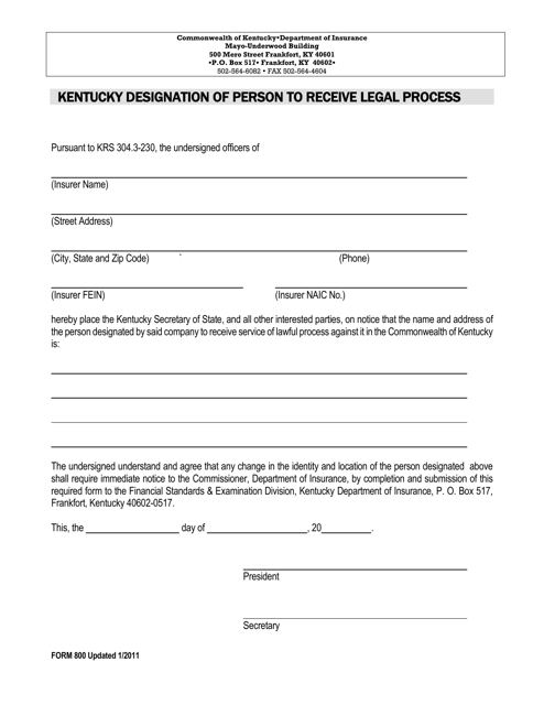 Document preview: Form 800 Kentucky Designation of Person to Receive Legal Process - Kentucky