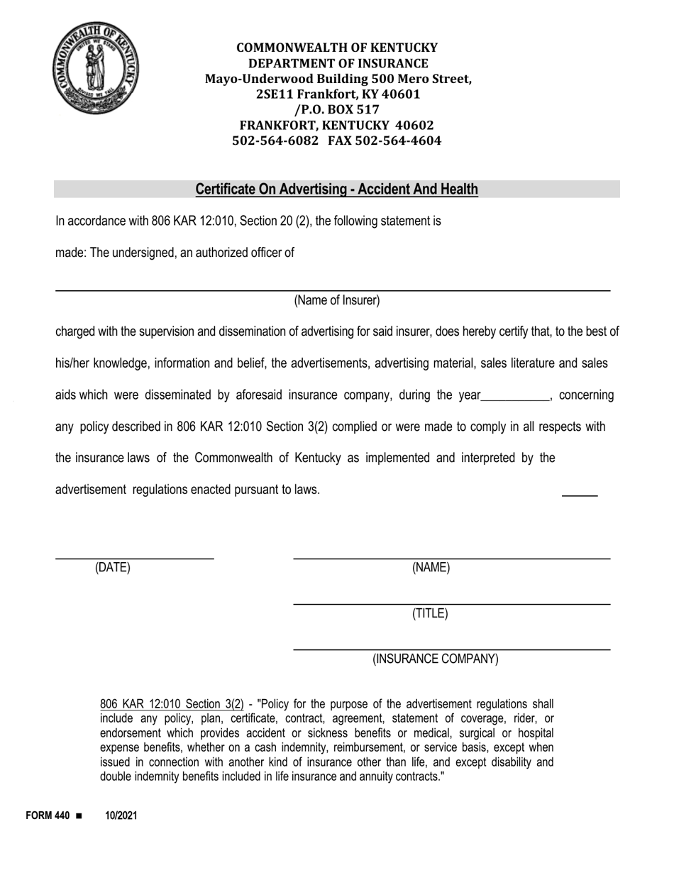 Form 440 Certificate on Advertising - Accident and Health - Kentucky, Page 1