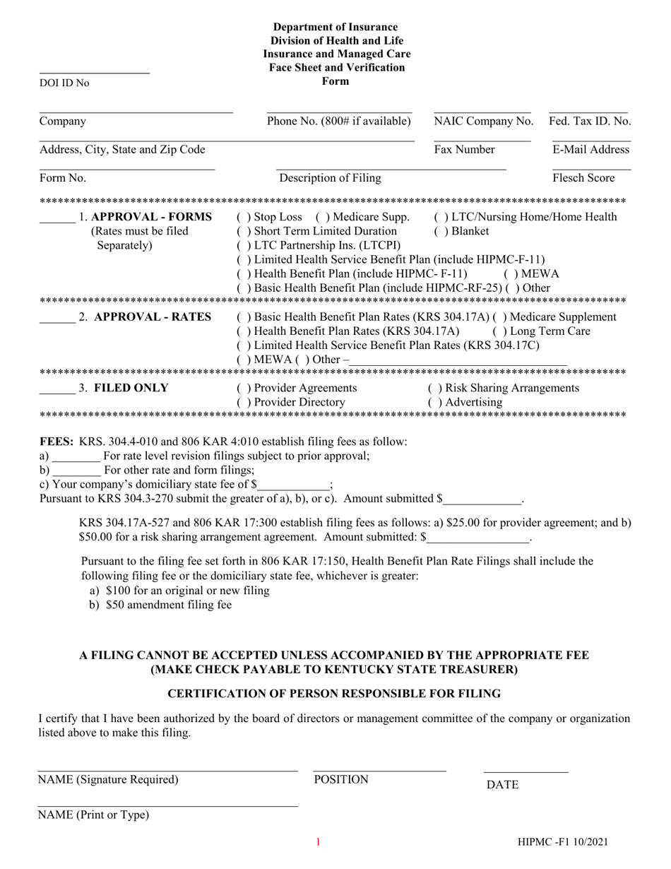 Form HIPMC-F1 Face Sheet and Verification Form - Kentucky, Page 1