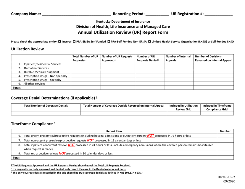 Form HIPMC-UR-2 Annual Utilization Review (Ur) Report Form - Kentucky