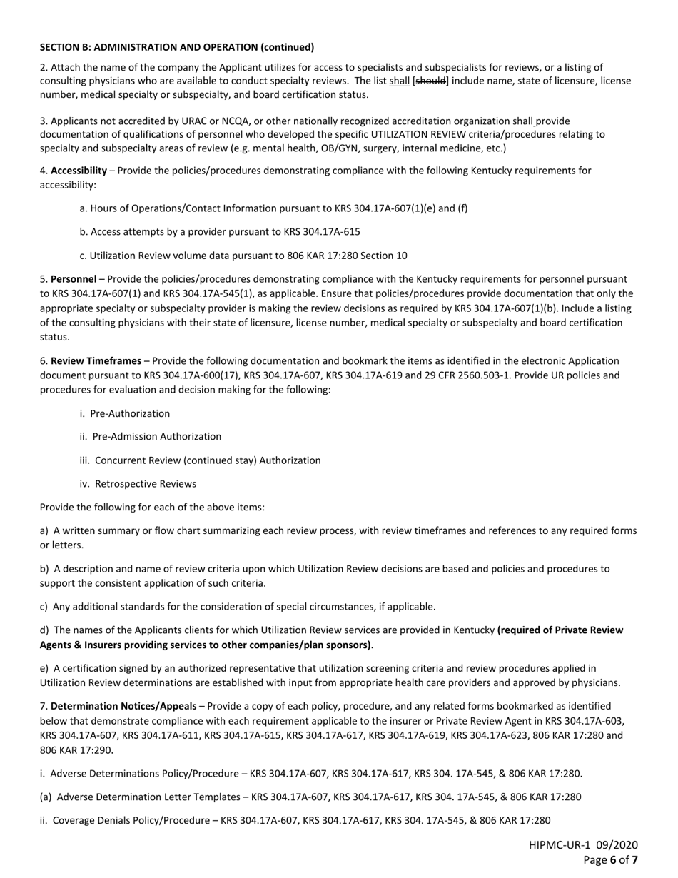 Form HIPMC-UR-1 Utilization Review Registration Application Instruction - Kentucky, Page 6