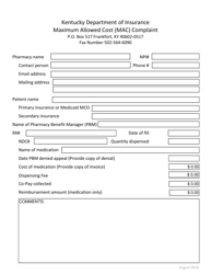 Document preview: Maximum Allowed Cost (Mac) Complaint - Kentucky