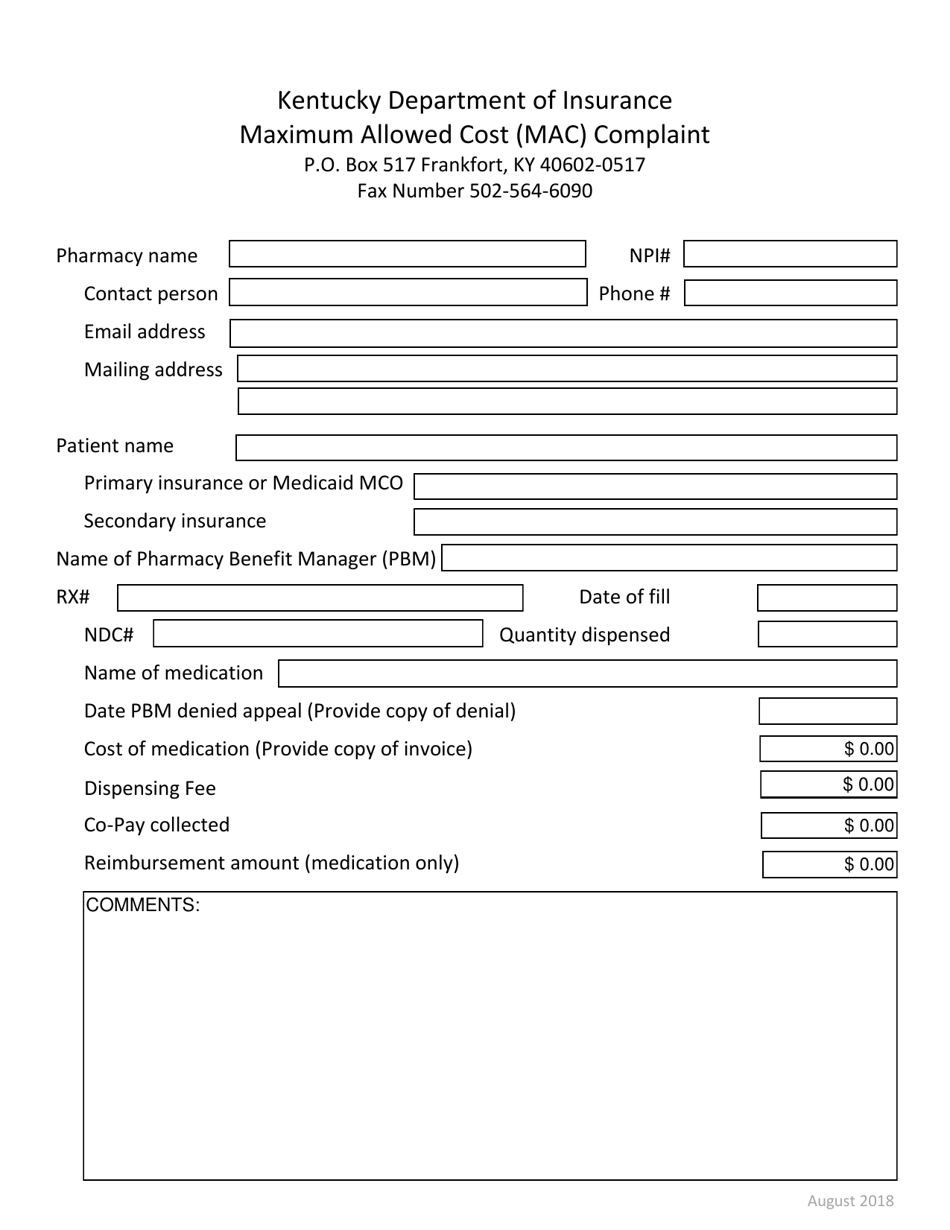 Maximum Allowed Cost (Mac) Complaint - Kentucky, Page 1