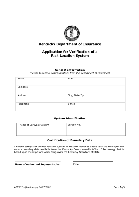 Application for Verification of a Risk Location System - Kentucky