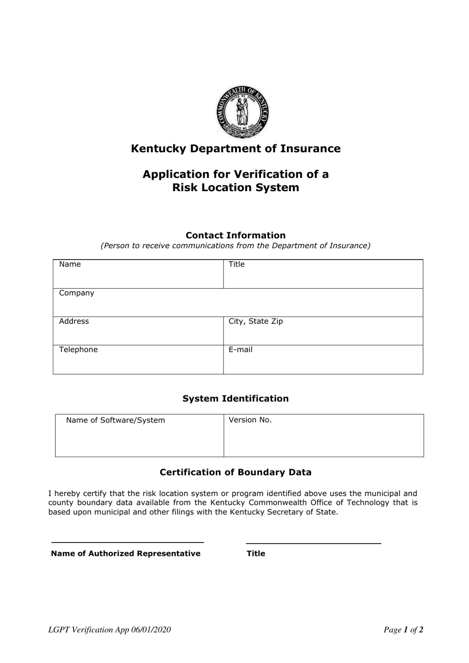 Kentucky Application for Verification of a Risk Location System Fill