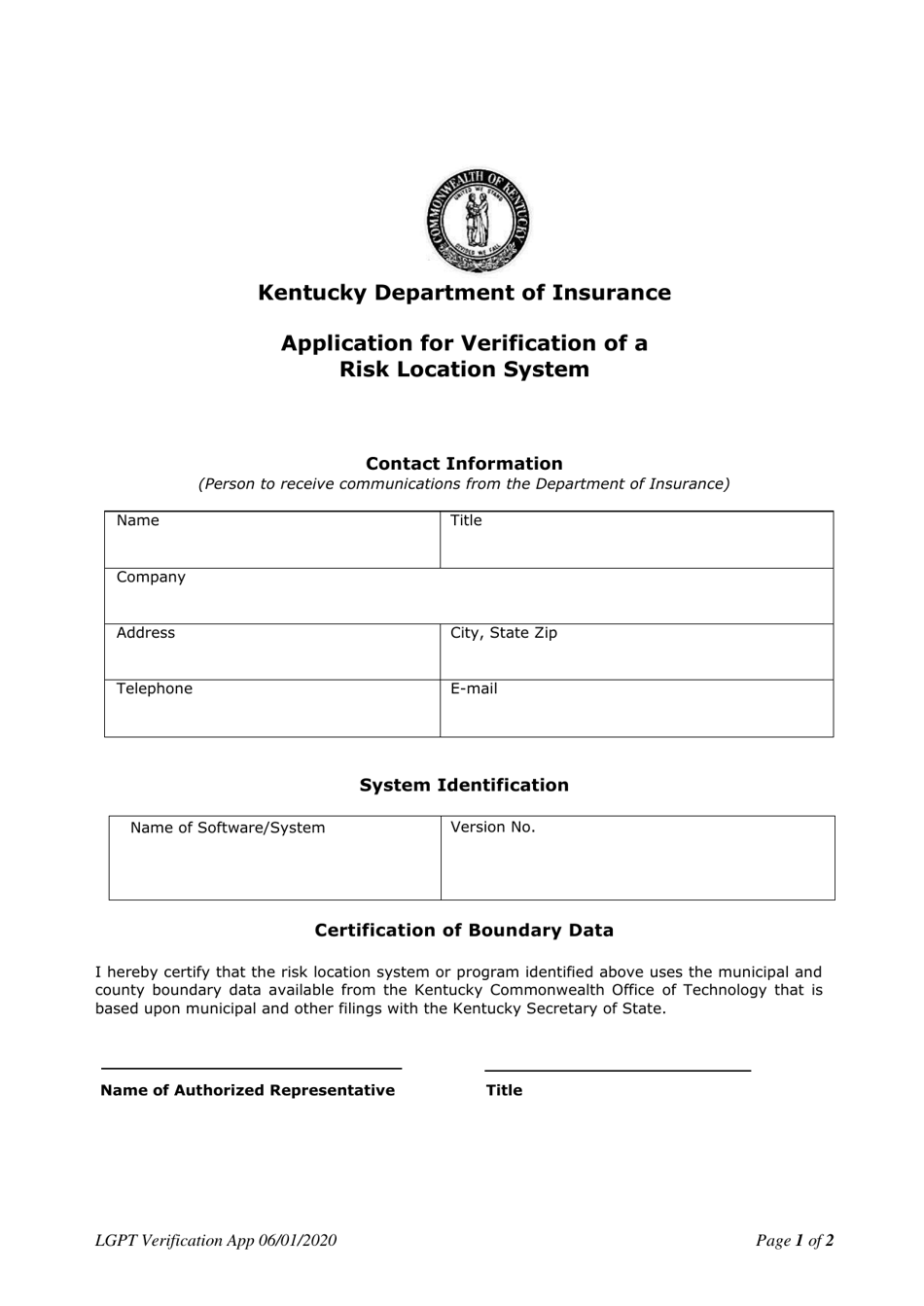 Application for Verification of a Risk Location System - Kentucky, Page 1