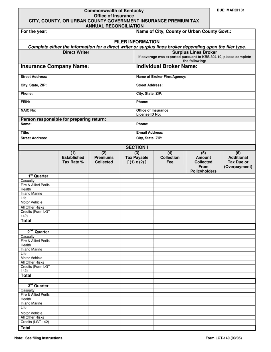 Form LGT-140 City, County, or Urban County Government Insurance Premium Tax Annual Reconciliation - Kentucky, Page 1