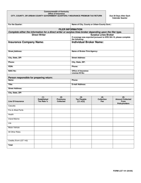 Form LGT141 City, County, or Urban County Government Quarterly Insurance Premium Tax Return - Kentucky