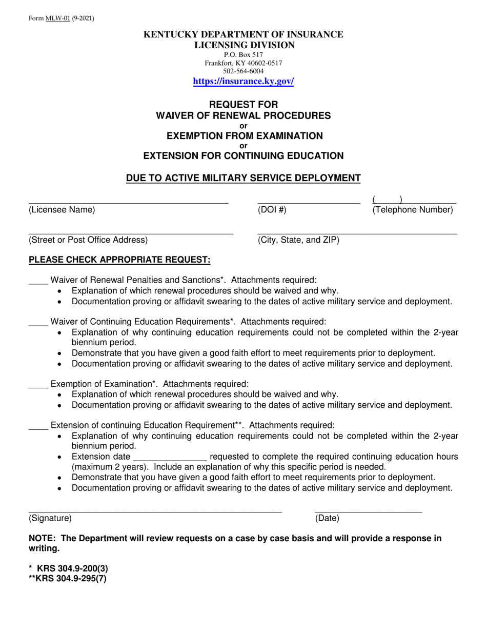 Form MLW-01 Request for Waiver of Renewal Procedures or Exemption From Examination or Extension for Continuing Education Due to Active Military Service Deployment - Kentucky, Page 1
