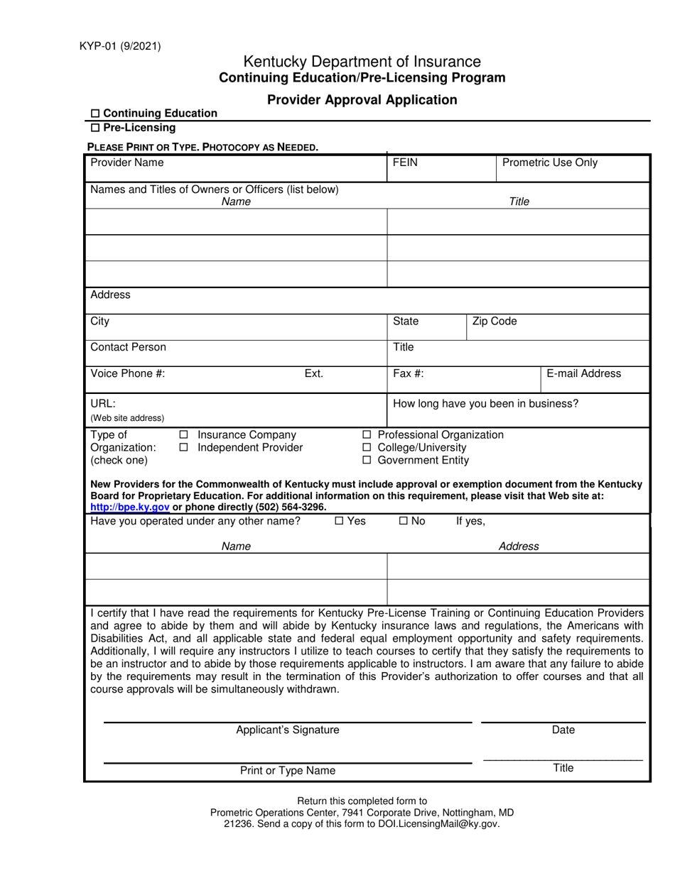 Form KYP-01 Provider Approval Application - Continuing Education / Pre-licensing Program - Kentucky, Page 1