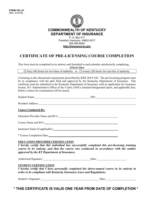 Form CPL-01 Certificate of Pre-licensing Course Completion - Kentucky