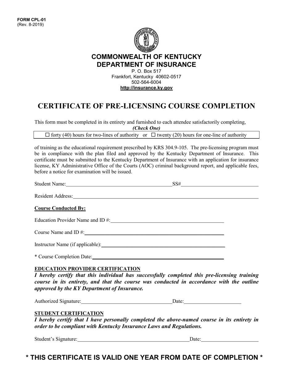 Form CPL-01 Certificate of Pre-licensing Course Completion - Kentucky, Page 1