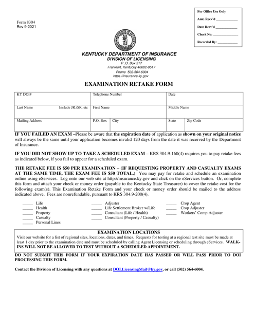 Form 8304 Examination Retake Form - Kentucky