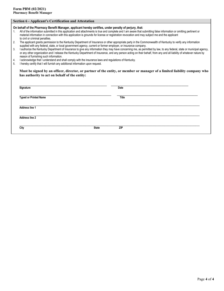 Form PBM Pharmacy Benefit Manager License Application - Kentucky, Page 4