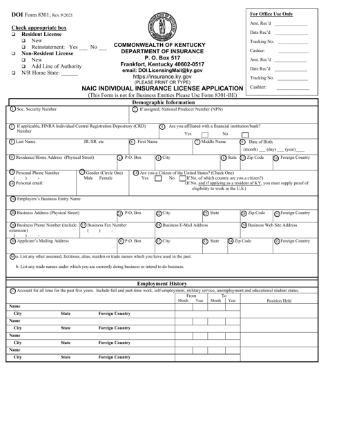 DOI Form 8301 Naic Individual Insurance License Application - Kentucky