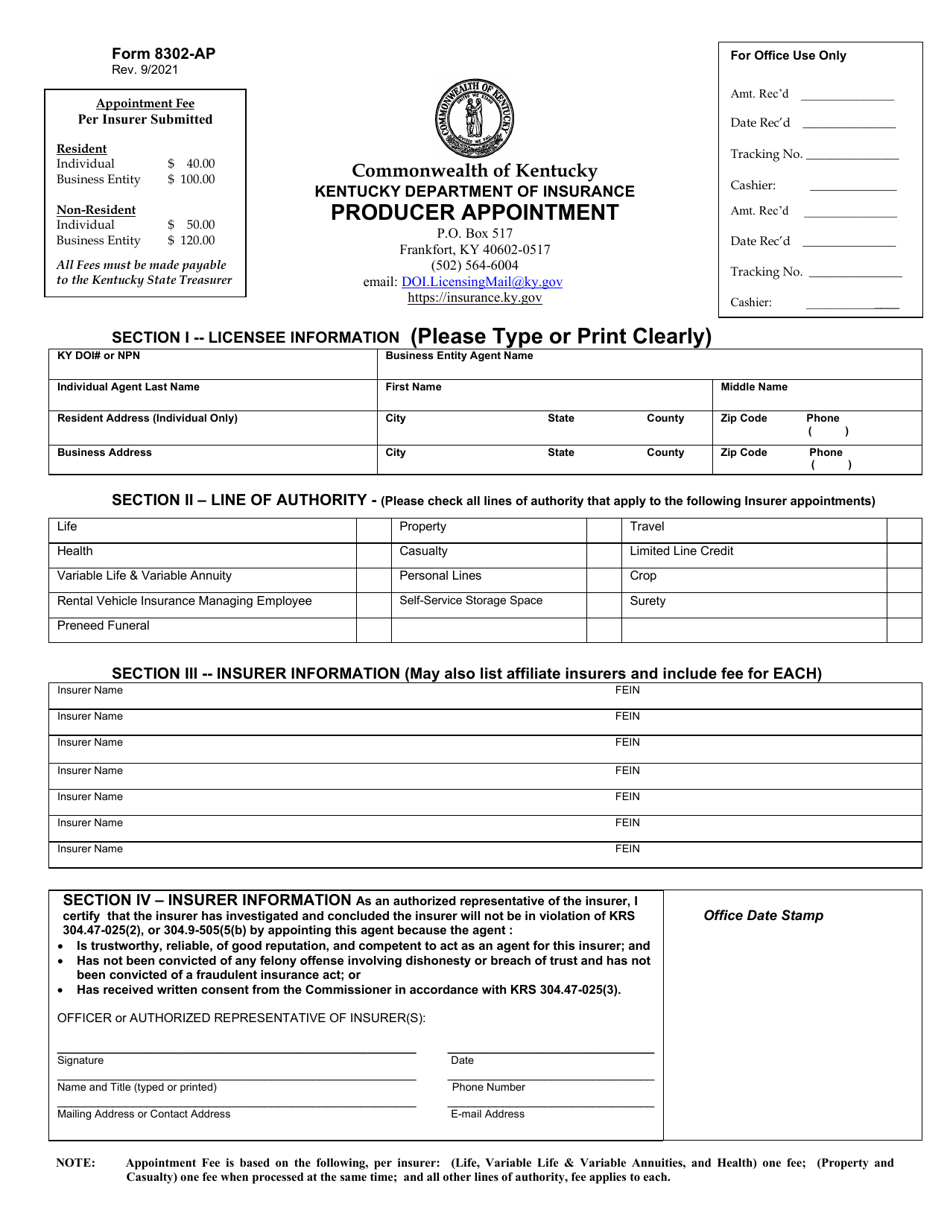 Form 8302-AP Producer Appointment - Kentucky, Page 1