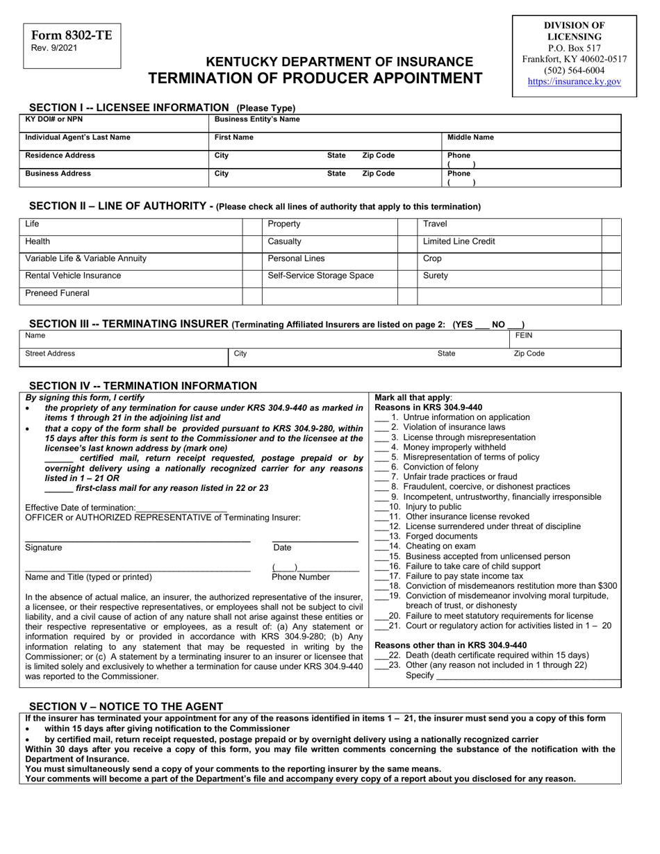 Form 8302-TE Termination of Producer Appointment - Kentucky, Page 1