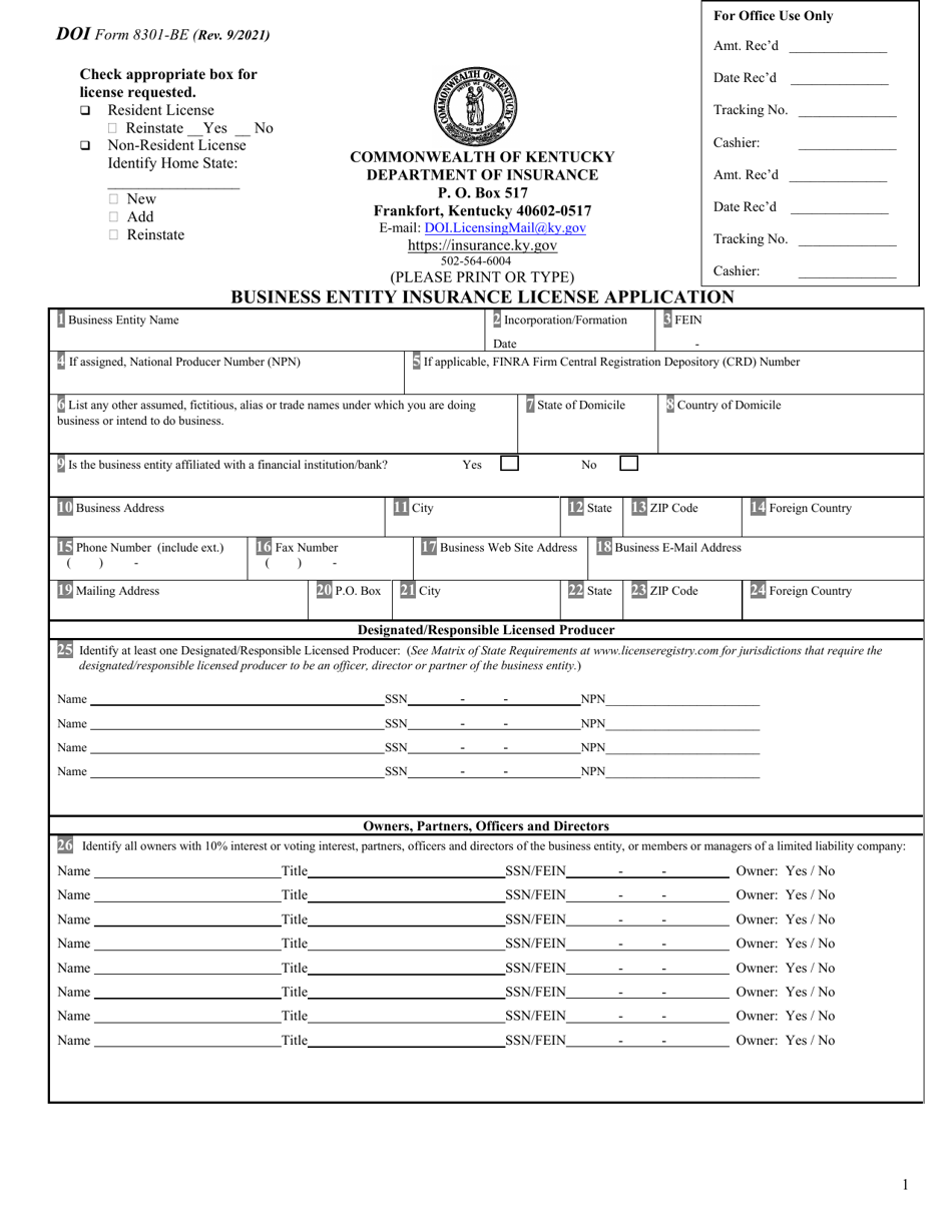 DOI Form 8301-BE Business Entity Insurance License Application - Kentucky, Page 1