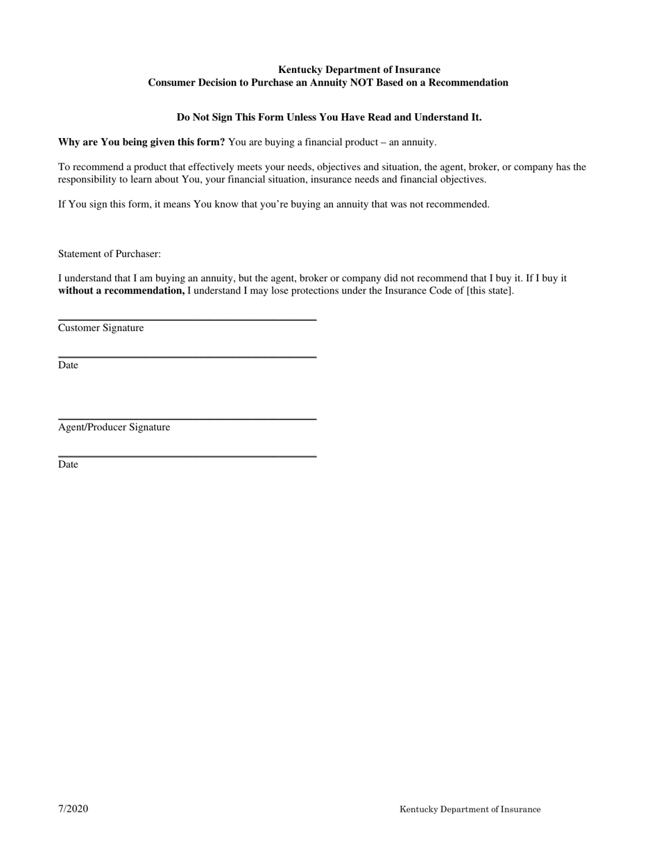 Consumer Decision to Purchase an Annuity Not Based on a Recommendation - Kentucky, Page 1