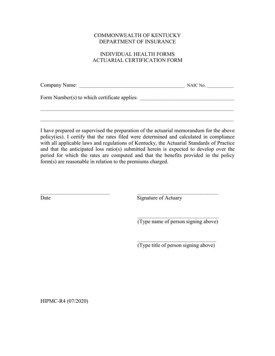 Form HIPMC-R4 Individual Health Forms - Actuarial Certification Form - Kentucky, Page 1