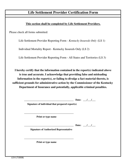 Form LS6 Life Settlement Provider Certification Form - Kentucky