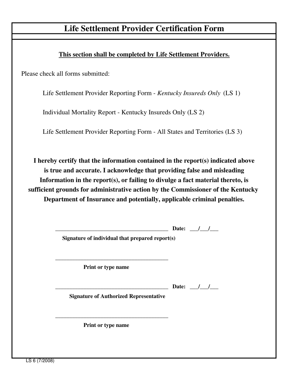 Form LS6 Life Settlement Provider Certification Form - Kentucky, Page 1
