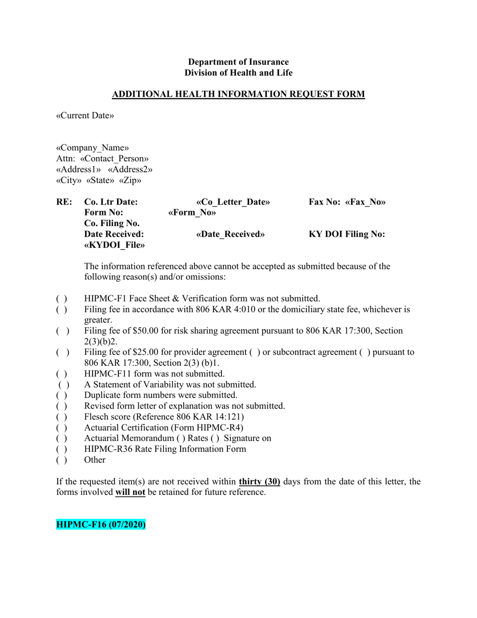 Form HIPMC-F16 Additional Health Information Request Form - Kentucky, Page 1