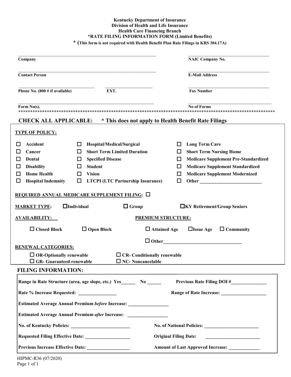 Form HIPMC-R36 Rate Filing Information Form (Limited Benefits) - Kentucky, Page 1