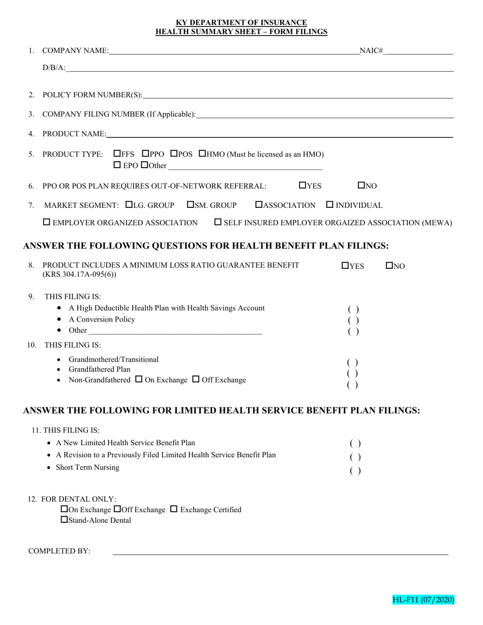 Form HL-F11 Health Summary Sheet - Form Filings - Kentucky, Page 1
